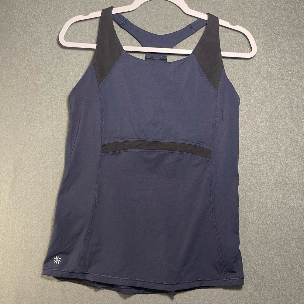 Athleta Built In Bra Tank Top Large Navy Blue Racerback Athletic Workout